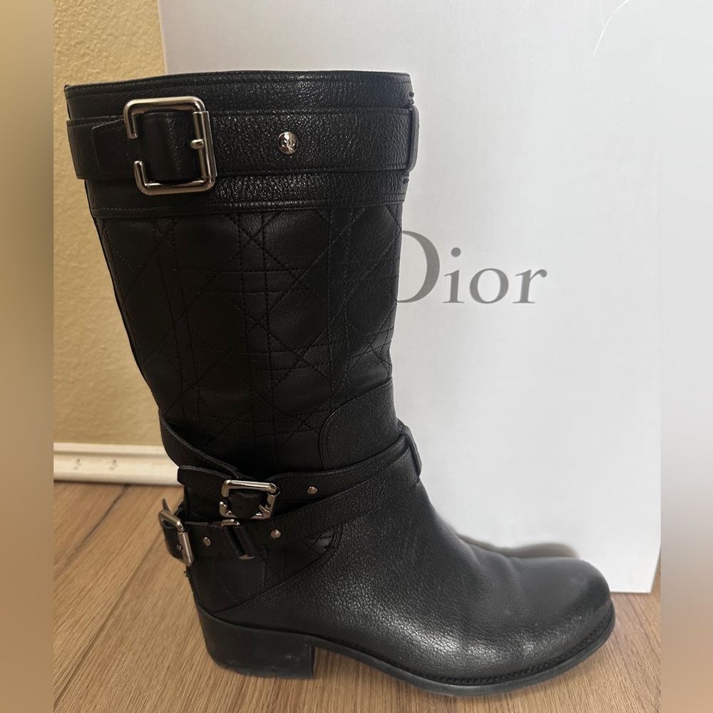Christian Dior Cannage Black Leather Mid-Calf Biker Boots